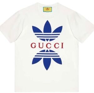 Gucci x Adidas White T-Shirt with Blue Graphic and Red Logo